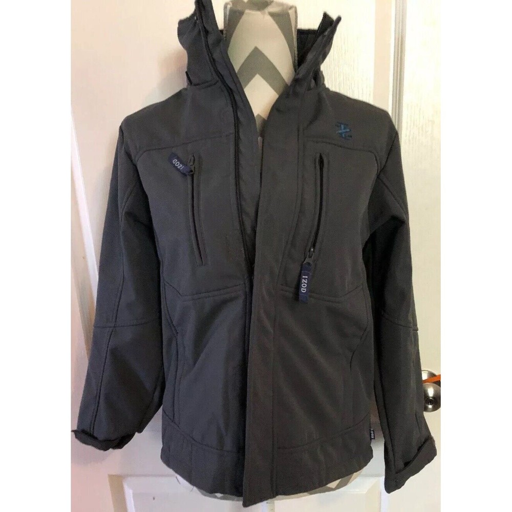Boys Youth Izod Soft Shell Jacket Hook Loop Zip Front 14-16 Grey Pockets IZD007